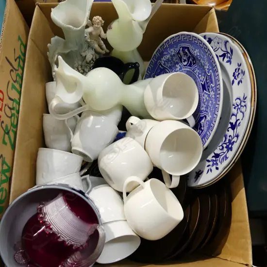 BOX ASST. CHINA INCL. 3 PLATES, WHITE CUPS ETC