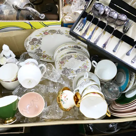 BOX LOT ASST. CHINA; WEDGWOOD, POOLE, CRYSTAL ETC