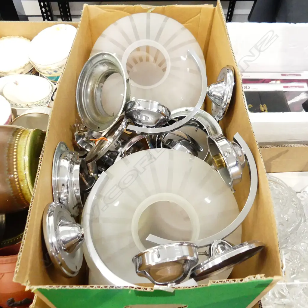 BOX LOT ASST. DECO LIGHT SHADES & FITTINGS INCL. 5 SCONCES ETC Image 1++
