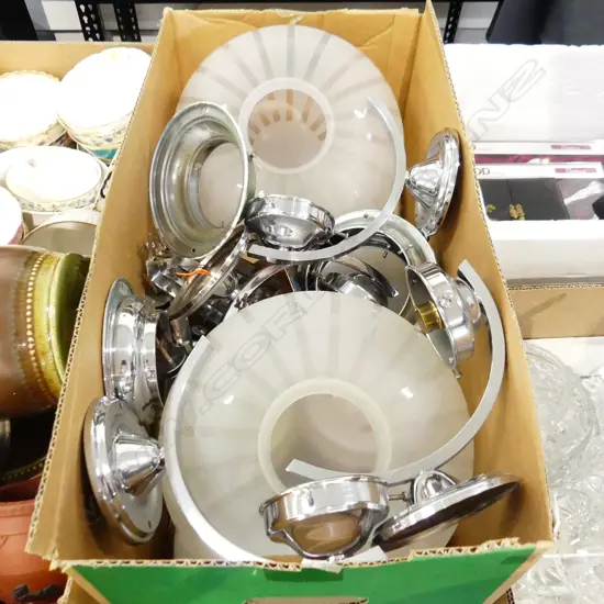 BOX LOT ASST. DECO LIGHT SHADES & FITTINGS INCL. 5 SCONCES ETC