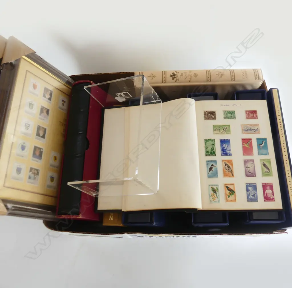 BOX LOT 2 FRAMED PRINCESS DIANA STAMP COLLECTIONS, LG EMPTY FOLDER, 3 VOLS. CANADIAN FIRST DAY COVERS, ETC Image 1++