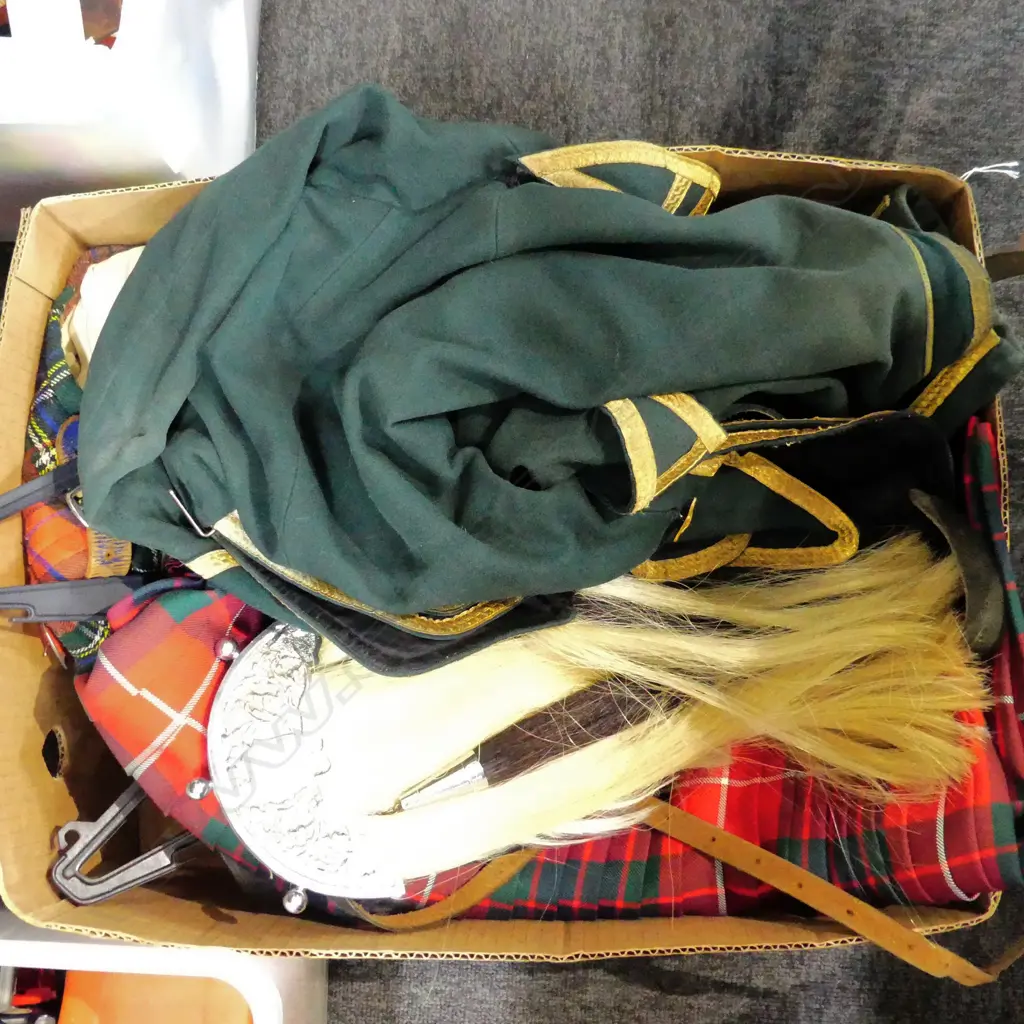 BOX ASST. SCOTTISH HIGHLAND DRESS COSTUME; 1 KILT AS NEW OTHER w. MOTH, 2 JACKETS, SPORRAN, BELT ETC Image 1++