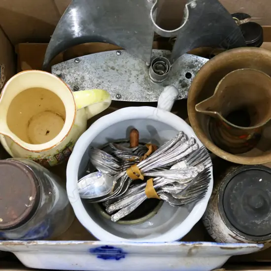 BOX OF CHINA ART DECO CHROME YACHT LAMP a.f + VICT. B&W ASHETTE + S/PLATE CUTLERY ETC