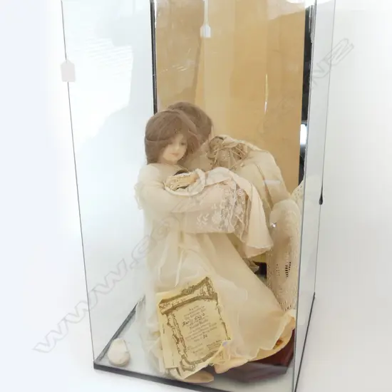 BRENDA BURKE 'EARLY DAYS' WAX DOLLS H.640mm IN LG MIRRORED GLASS DISPLAY CASE 410x410x730mm