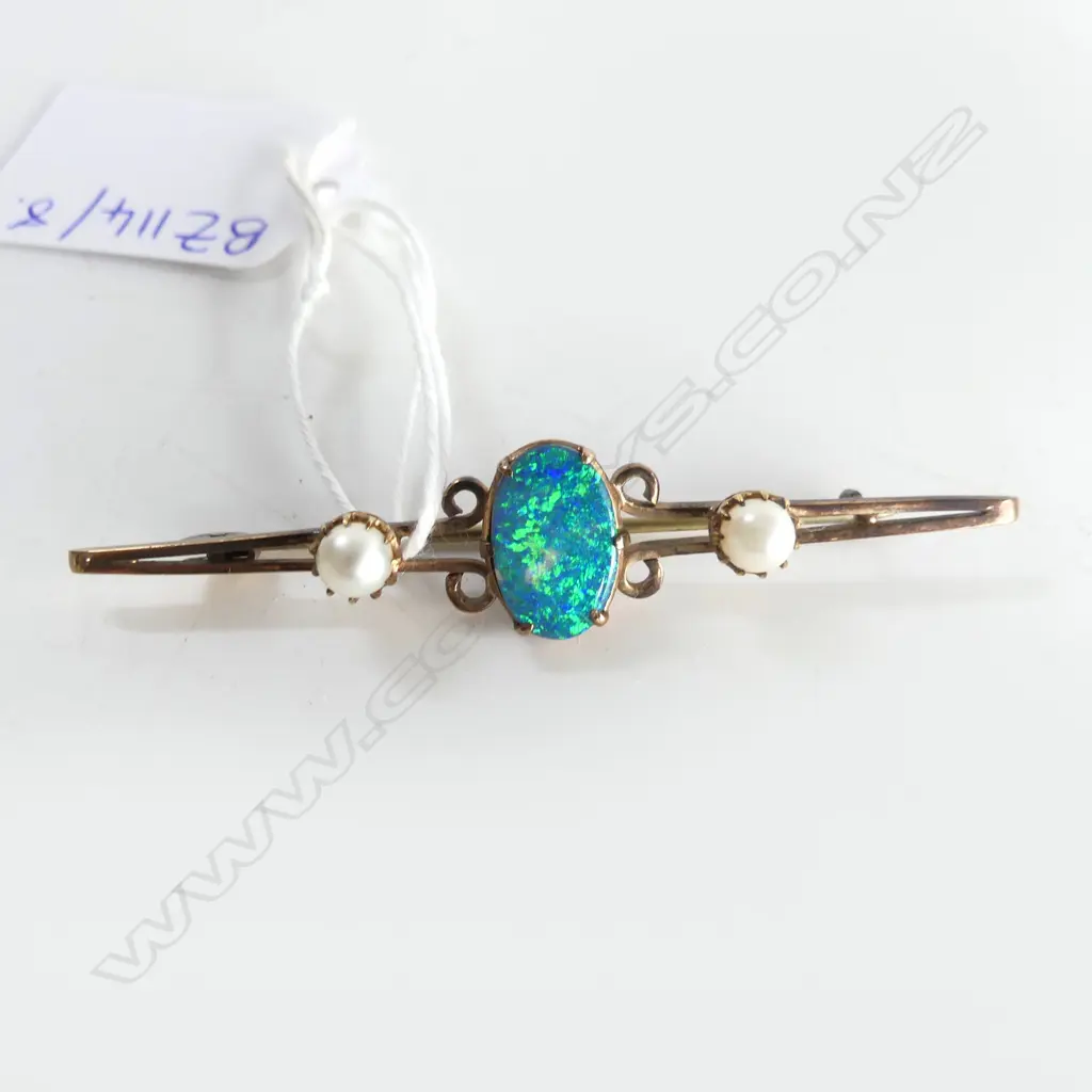 GOLD & PEARL/OPAL DOUBLET BAR BROOCH L.70mm 5.2gms Image 1++
