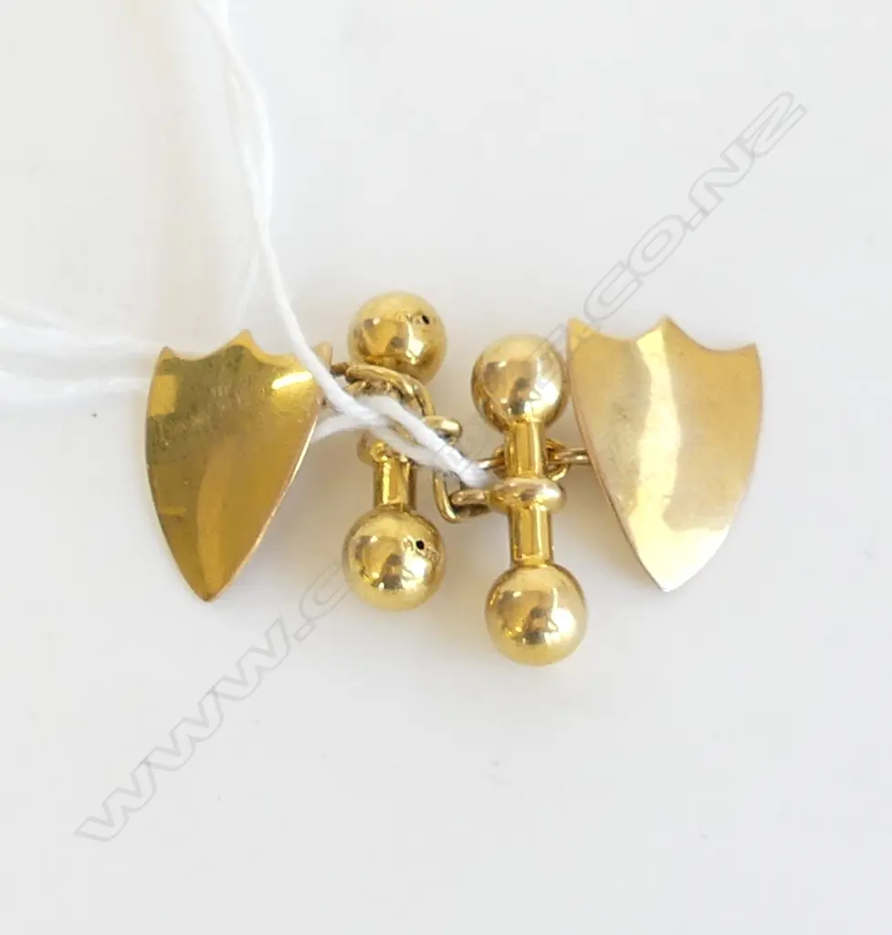 PR 9ct YELLOW GOLD SHIELD FORM CUFFLINKS c1900 3gms Image 1++
