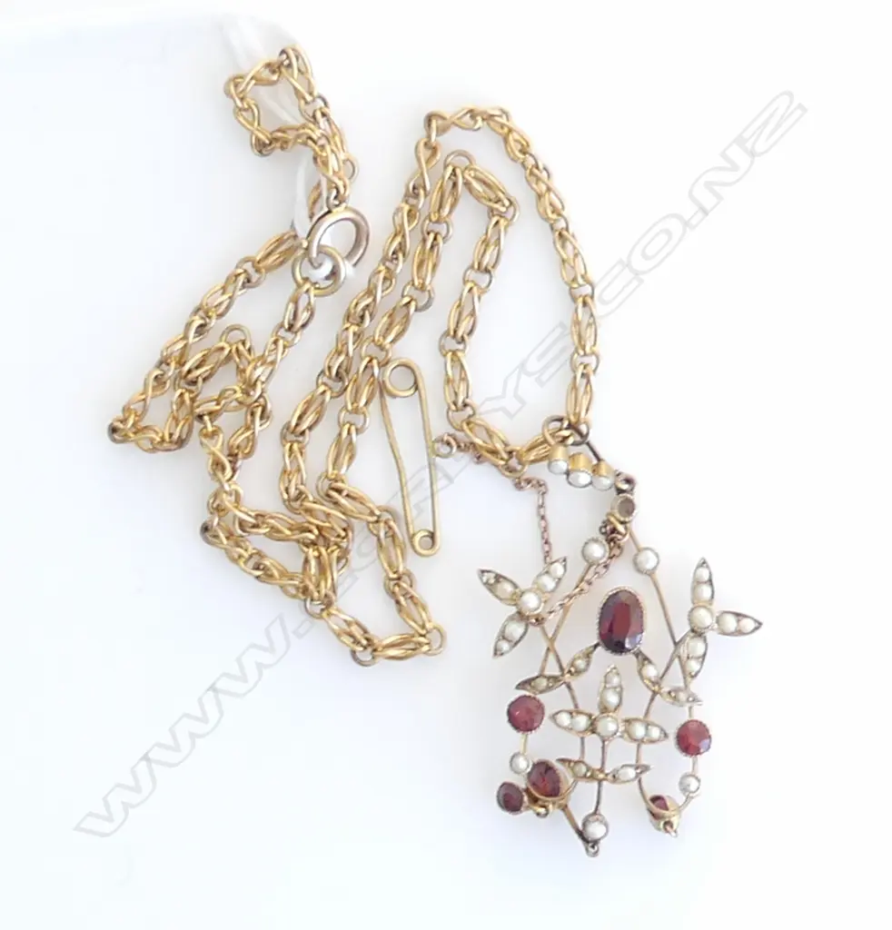 EDWARDIAN 9CT GOLD GARNET & SEED PEARL PENDANT on  9CT GOLD CHAIN TOTAL WEIGHT 11.4gm Image 1++
