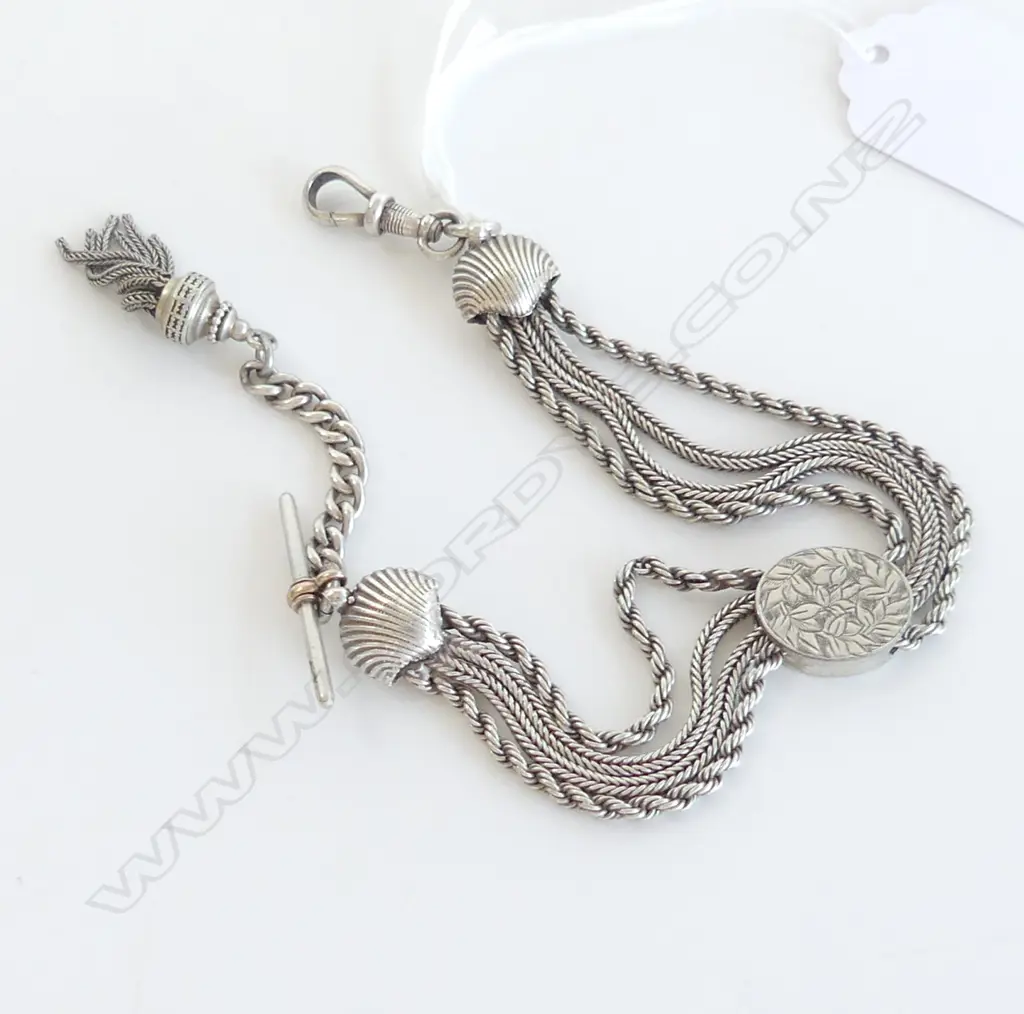 C1900 SILVER ALBERTINA BRACELET triple chain scallop shell fittings  Image 1++