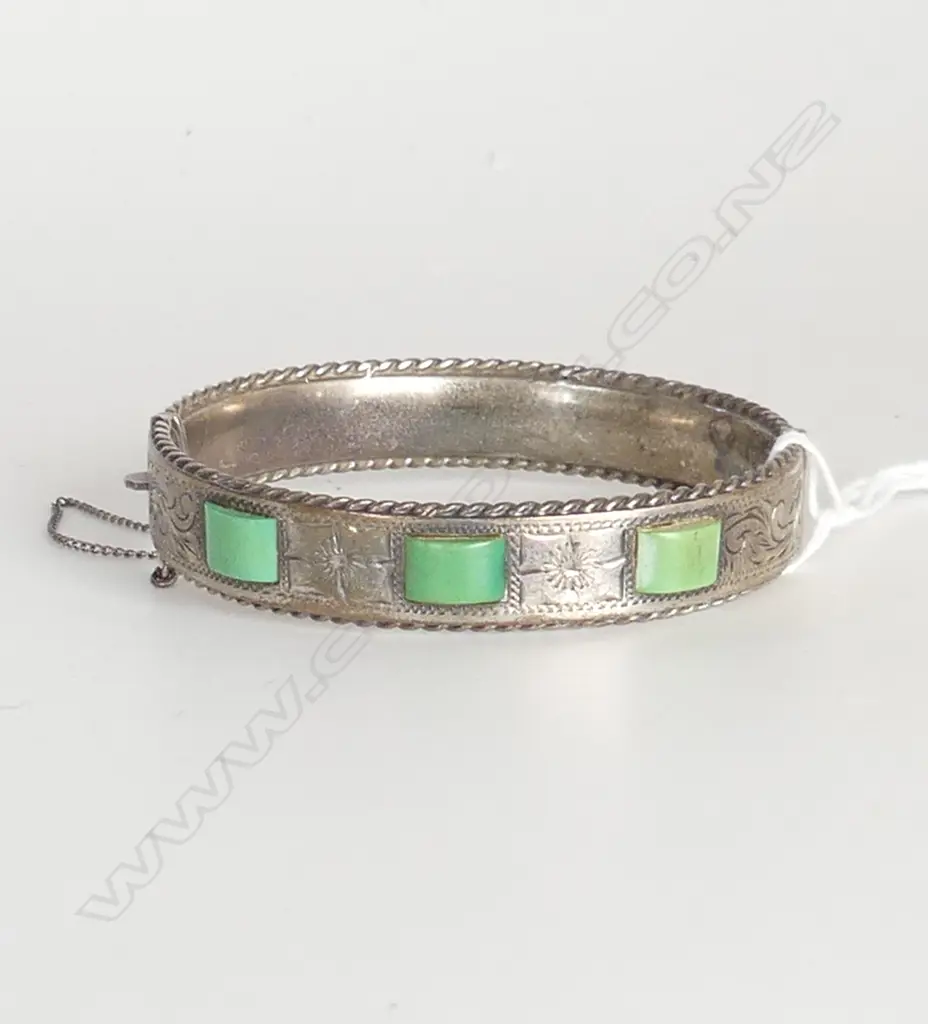 SILVER ENGRAVED HINGED BANGLE inlaid with 3 green stone panels Image 1++