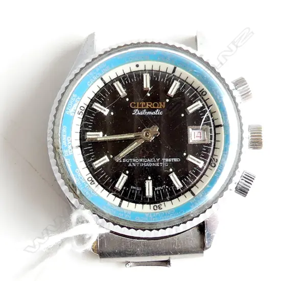 CITRON DATOMATIC VINTAGE GENTS WRISTWATCH lge size 'Electronically Tested' small fault to glass. Running