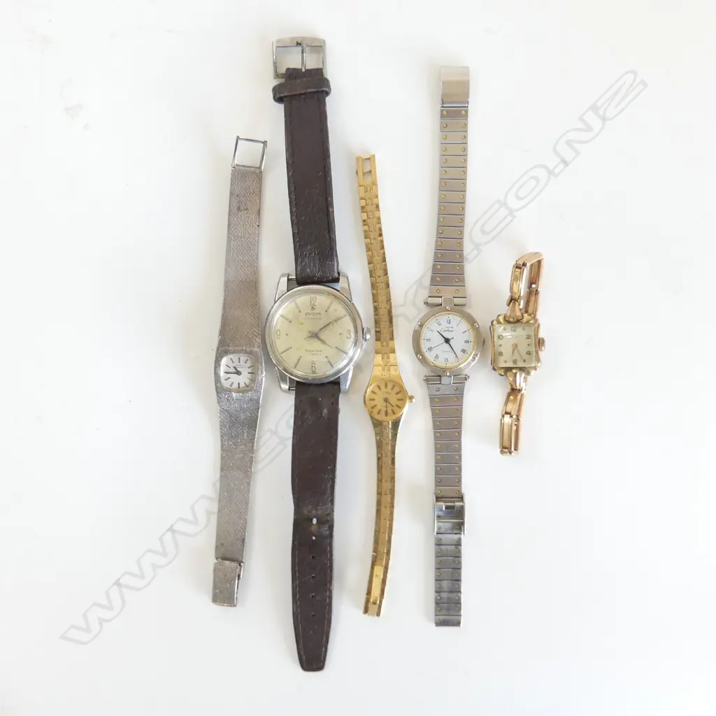 5 VINATGE WRISTWATCHES: Man's Enicar Ultrasonic + Woman's Gerrard Perregeaux + 3 others (Cartier copy) Image 1++