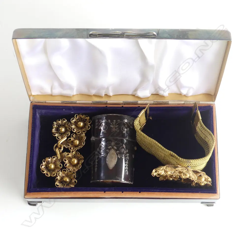EP JEWELLERY BOX W.170mm + GEORGE III tortoiseshell SCENT BOTTLE AF + gold plated BRACELET & FITTINGS Image 1++
