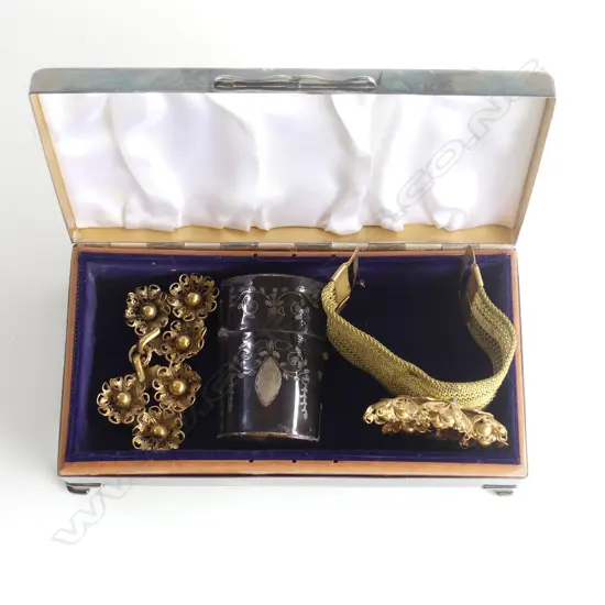 EP JEWELLERY BOX W.170mm + GEORGE III tortoiseshell SCENT BOTTLE AF + gold plated BRACELET & FITTINGS