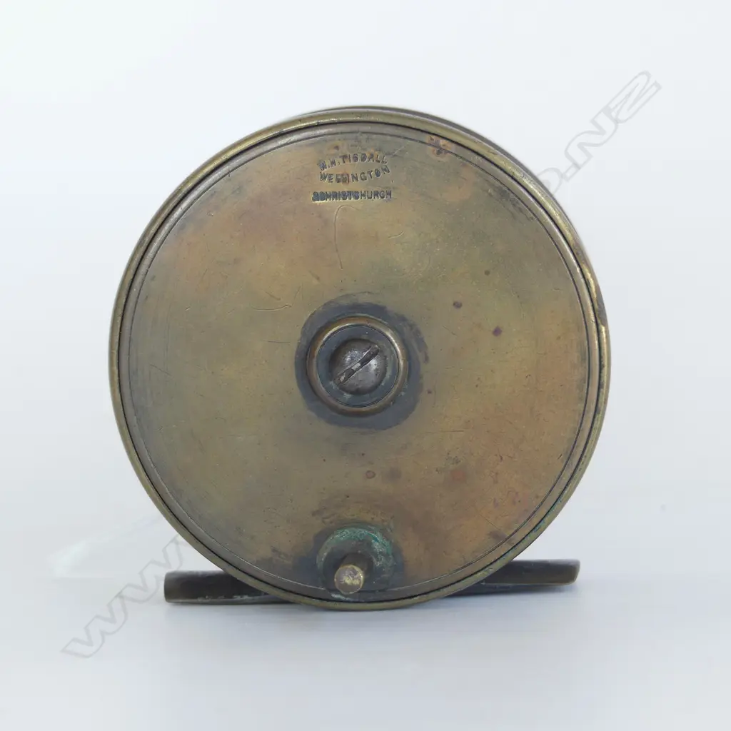 VINTAGE BRASS FRESH WATER FISHING REEL BY WH TISDALL WELLINGTON & CHRISTCHURCH DIA80MM Image 1++