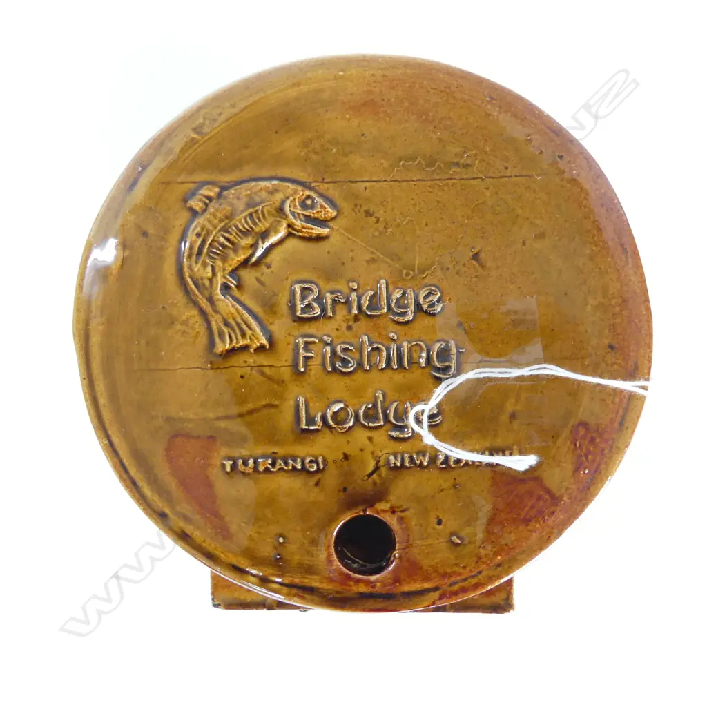 Alan Pye: LIQUOR BARREL made & branded Bridge Fishing Lodge Turangi NZ with leaping trout Image 1++