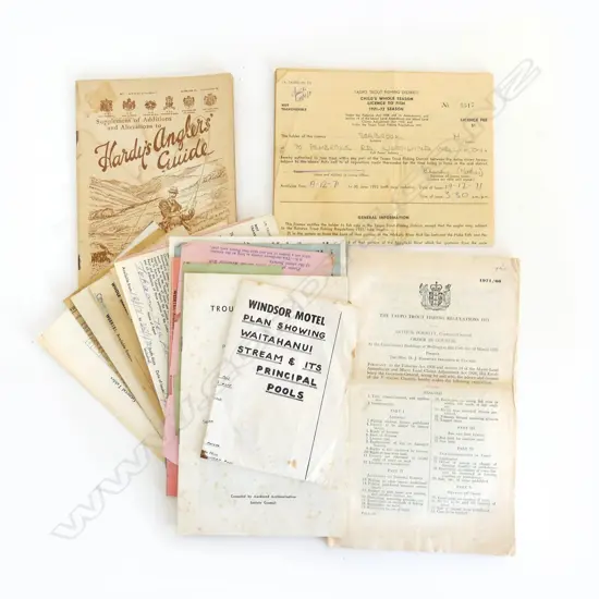 Alan Pye fishing collection: HARDY'S ANGLERS GUIDE SUPPLEMENT OF ADDITIONS & ALTERATIONS C1938 + SEL. OLD FISHING LICENSES C1947-70....