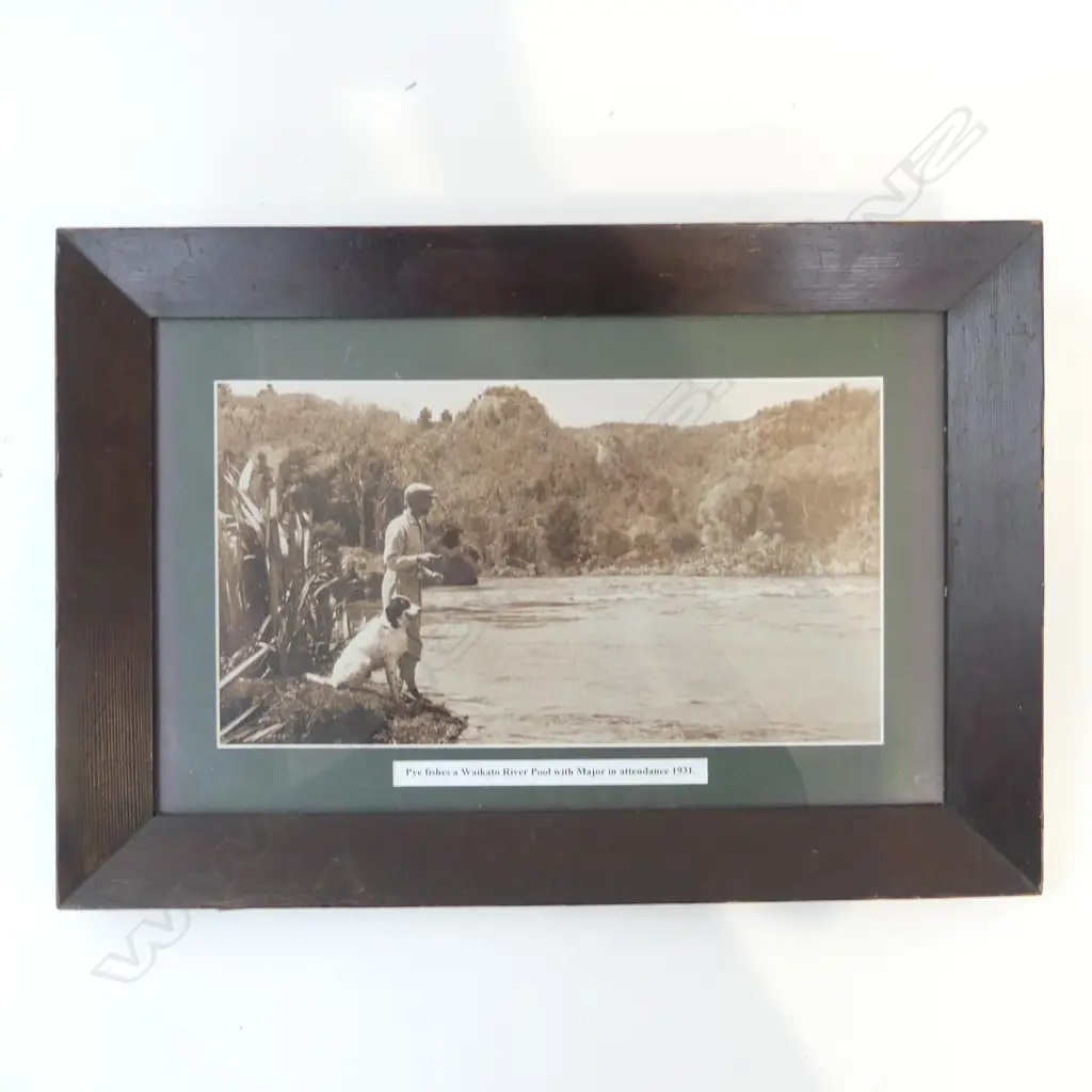 C 1930 FRAMED PHOTO MONTAGE OF THE EARLY DAYS AT HUKA LODGE & FRAMED PRINT OF ALAN PYE & his dog Major fishing Image 1++