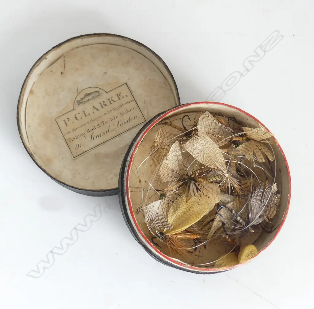BOX OF VICTORIAN  FLYS by P.C CLARKE FISHING ROD and TACKLE MAKER 91 Strand Image 1++