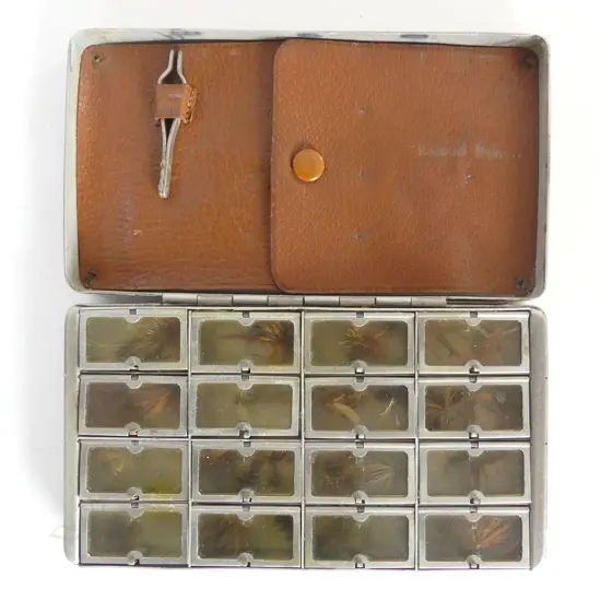 ALAN PYE'S ALLCOCKS DRY FLY BOX 6 ½" x 3 ⅝" x 1⅛" w 16 flip top celluloid lids & leather wallet w 14 wet flys.C 1930