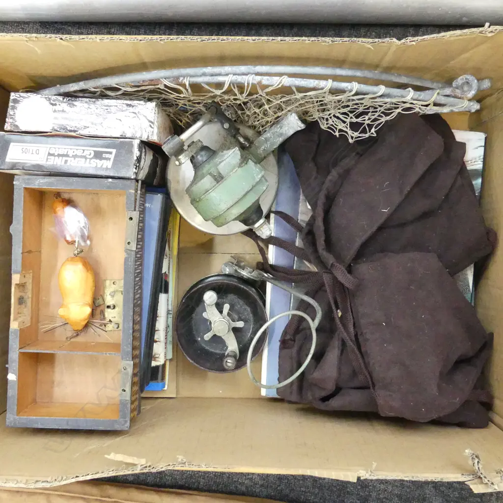 BOX LOT FISHING REELS BOOKS  DVDS NET ETC Image 1++