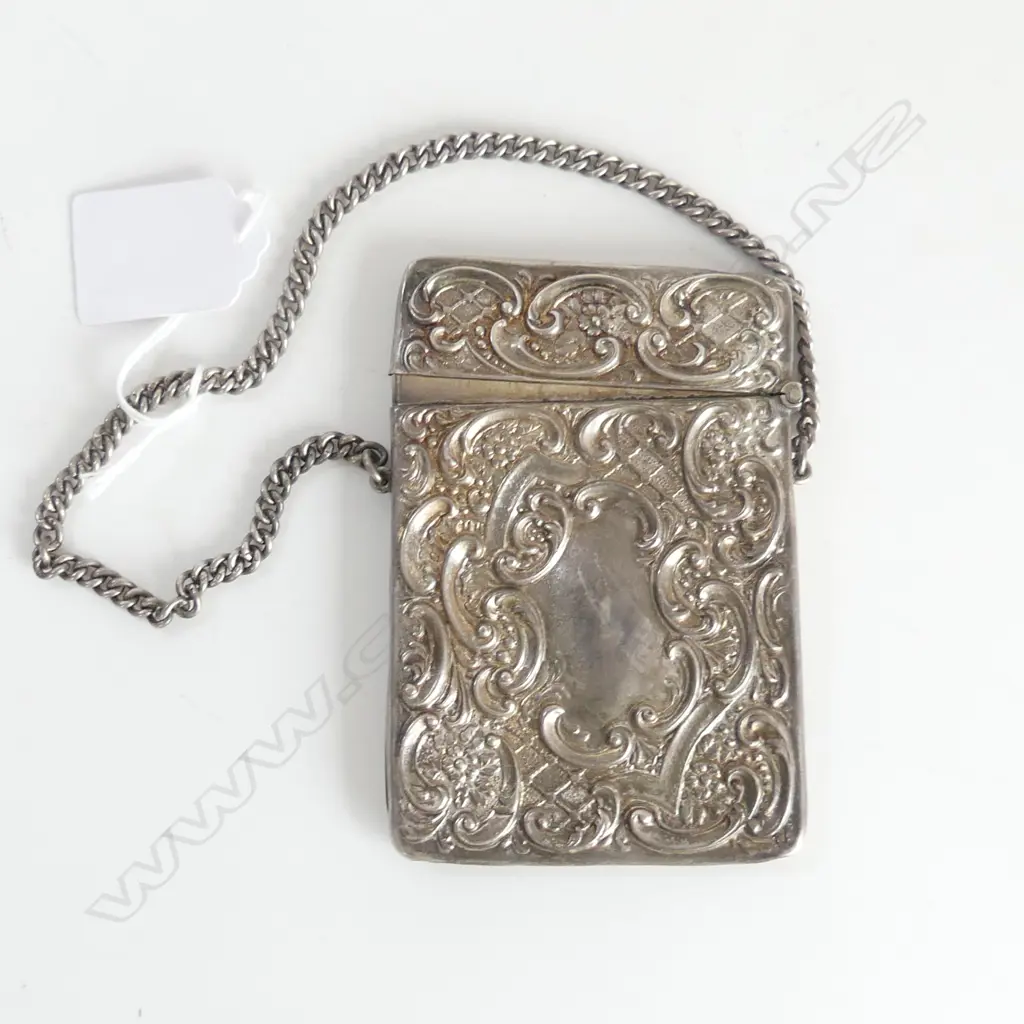 BIRMINGHAM 1912 SILVER EMBOSSED CARD CASE on CURB CHAIN HANDLE 80gms Image 1++