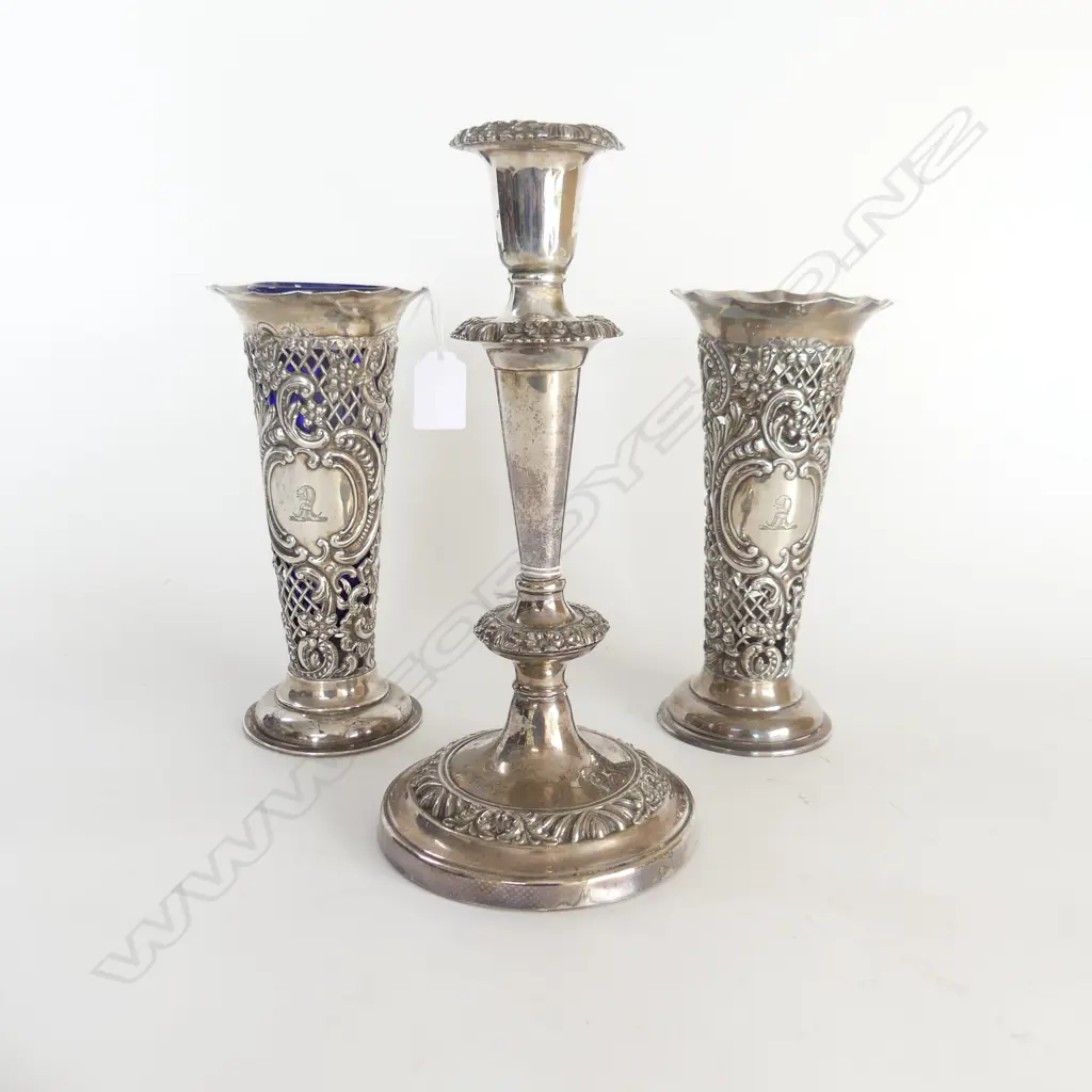 PR STG SILVER VASES, LONDON 1900 H.205mm 347gms 1 w. LINER + EP CANDLESTICK  Image 1++