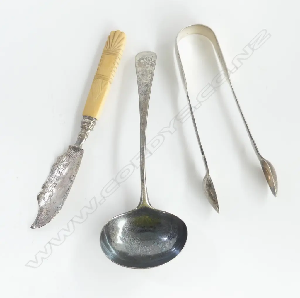 3 ANTIQUE SILVER PCES: sauce ladle L.1791 + tongs L.1861 + butter knife w old repair. Silver 85gms ++ Image 1++