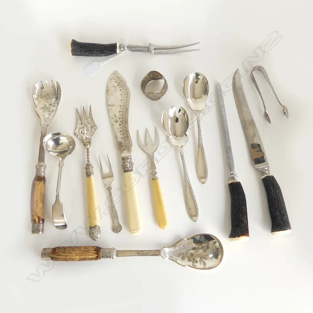 (24677)  LOT OF SILVER PLATE CUTLERY (14 ITEMS) INCLUDING SALAD SERVERS HANDLE IN BONE Image 1++