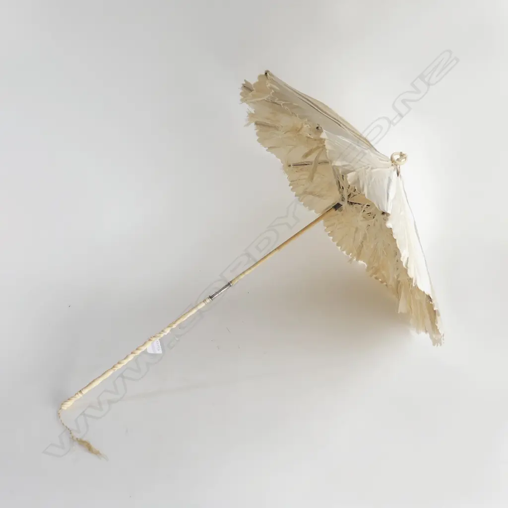 VICTORIAN IVORY AND STERLING SILVER MOUNTED PARASOL 1851 TWIST SILVER MOUNT TO FOLD DOWN HANDLE (NB: FRAME & HANDLE GOOD Image 1++