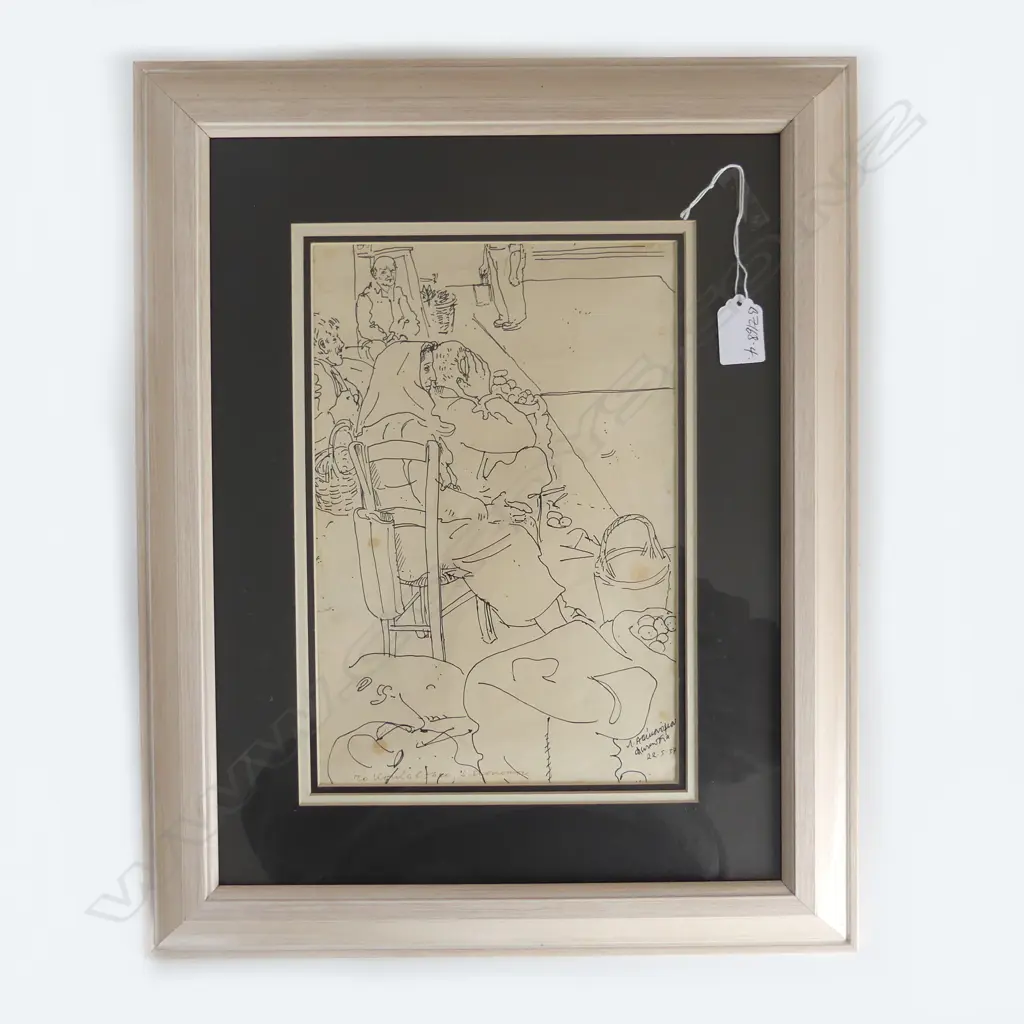 ARTIST UNKNOWN PEN & INK DRAWING European MARKET PLACE signed & enscribed dated 22.5.57 295 x 195mm Image 1++