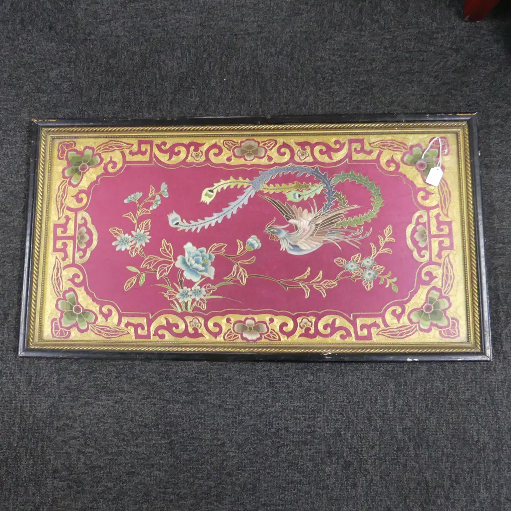 CHINESE FINE SILK EMBROIDERED FRAMED PICTURE PHOENIX & FLORALS in scrolling border. On red ground 465 x 870mm Image 1++