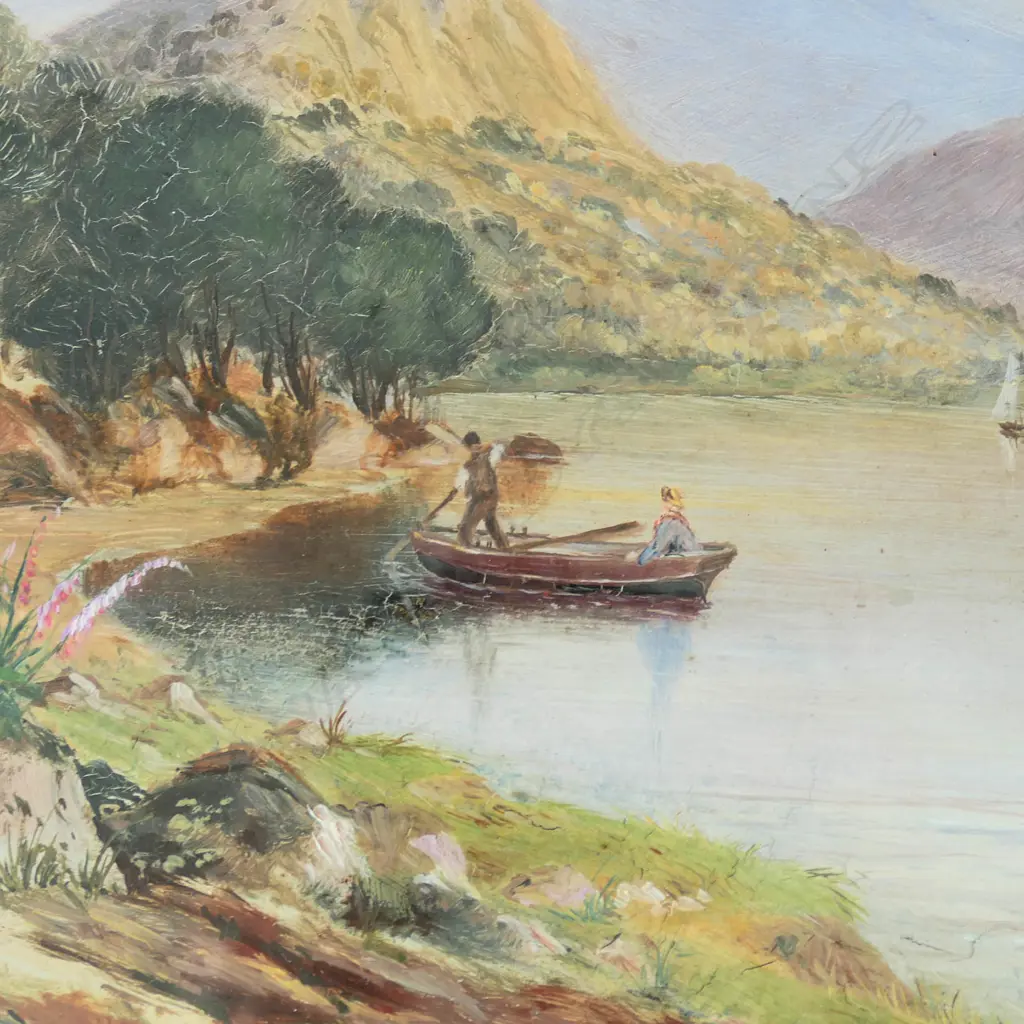 OIL ON BOARD 19TH C BRITISH SCHOOL LAKE SCENE 415 BY 270MM Image 1++