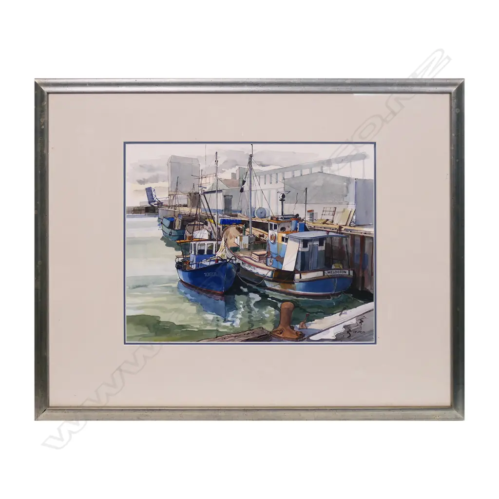 DONALD LEVER (NZ 1930-2022) 'THE MELODEON' & OTHER VESSELS IN AUCKLAND HARBOUR, W/COLOUR, SIGNED & DATED '93, 310x390mm Image 1++
