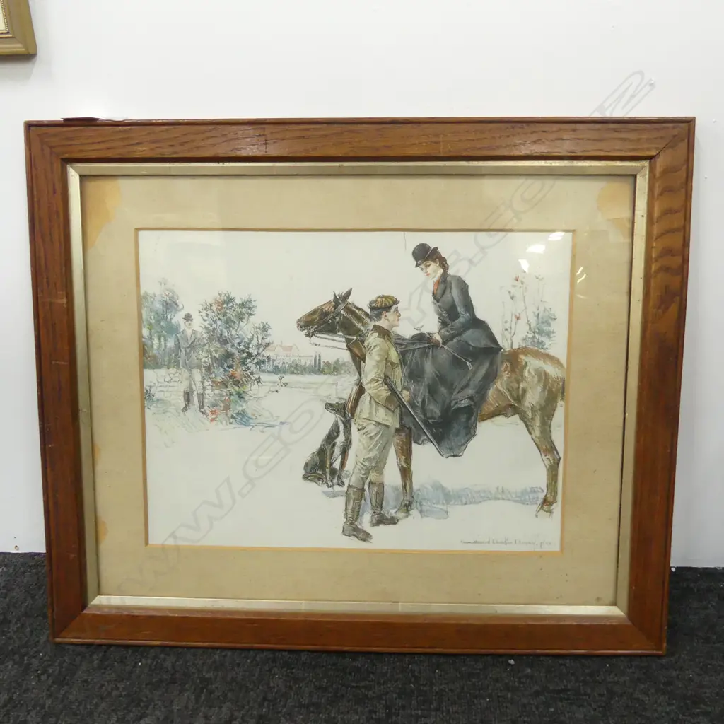 ANTIQUE OAK FRAME “POACHING” PRINT BY HOWARD CHANDLER CHRISTY 1903 L. 58CM W. 48CM Image 1++