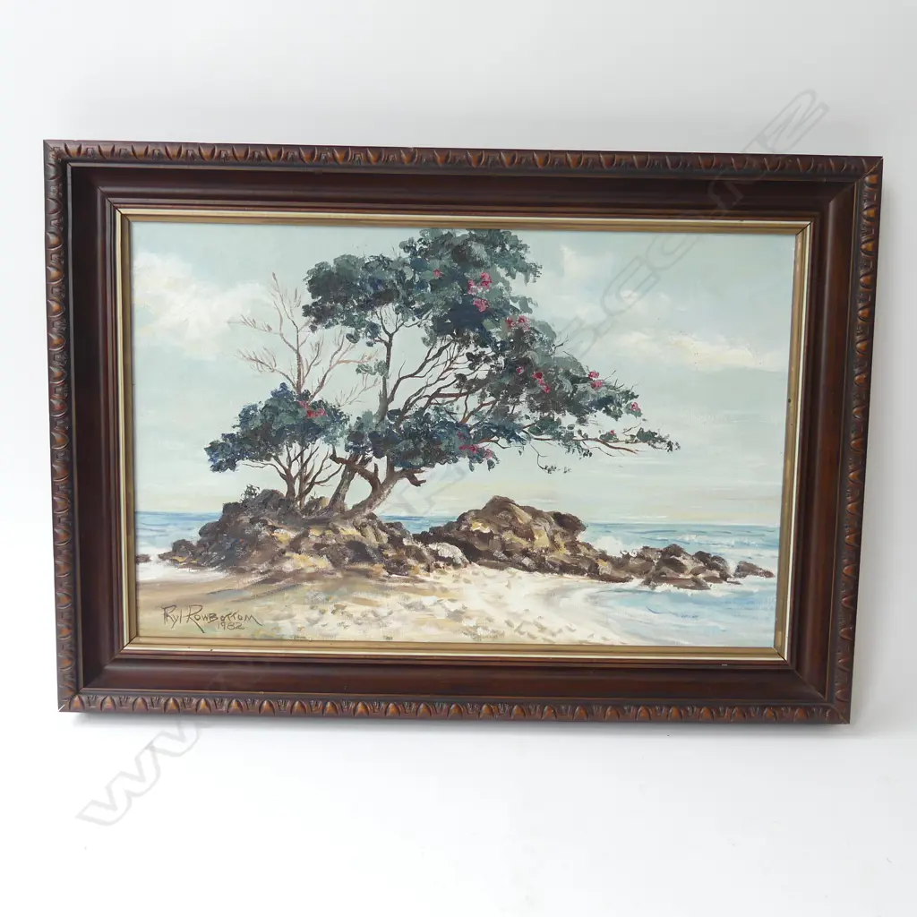 (25156) PHYL ROWBOTTOM 'SILHOUETTED POHUTUKAWAS' OIL ON BOARD 1982 355x555mm Image 1++