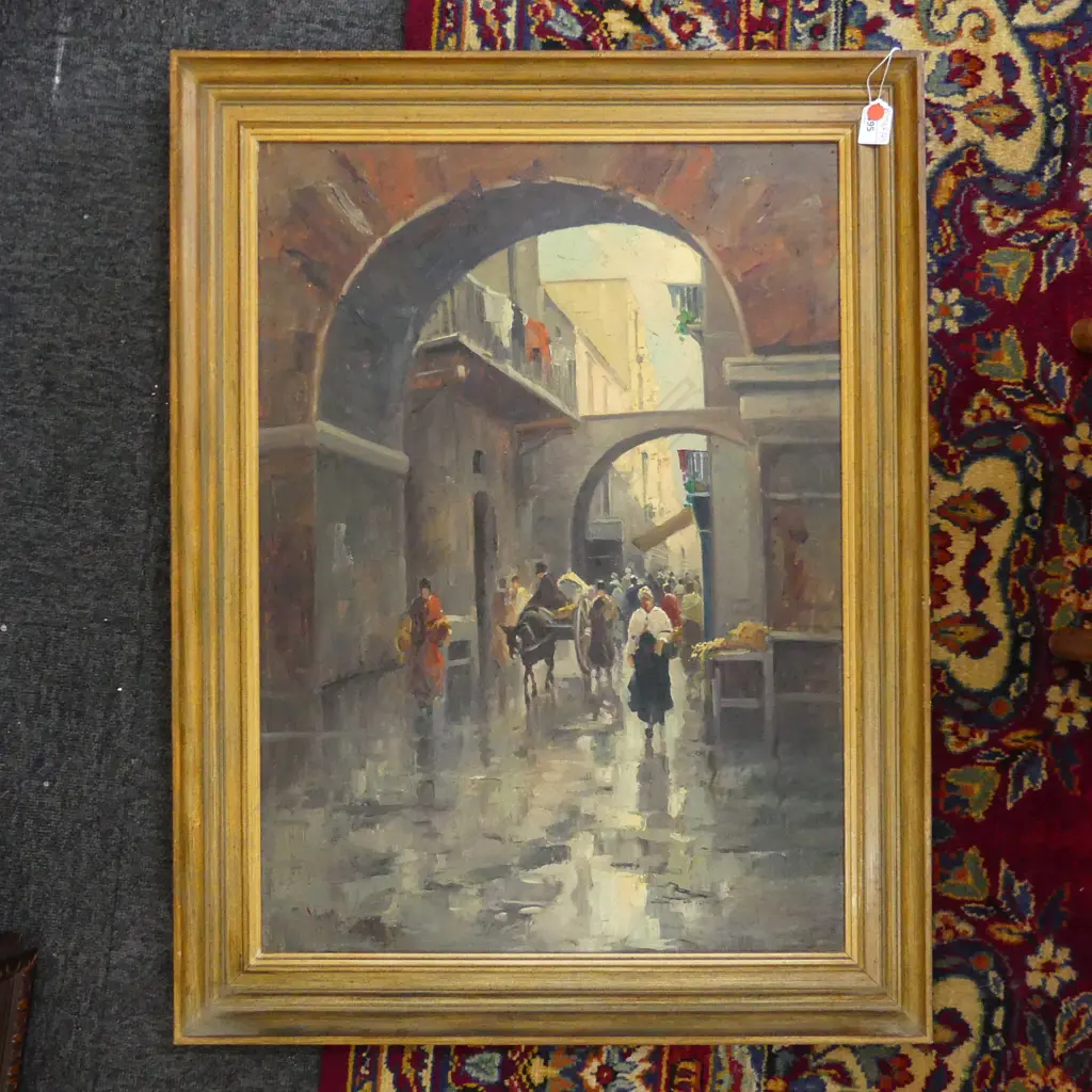 ARTIST UNKNOWN, URBAN STREET SCENE, OIL ON BOARD 670x480mm Image 1++
