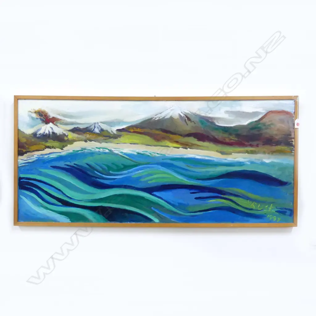 (25180) YVONNE RUST ( NZ, 1922-2002) COASTAL LANDSCAPE OIL ON CANVAS 1997 495x1110mm Image 1++
