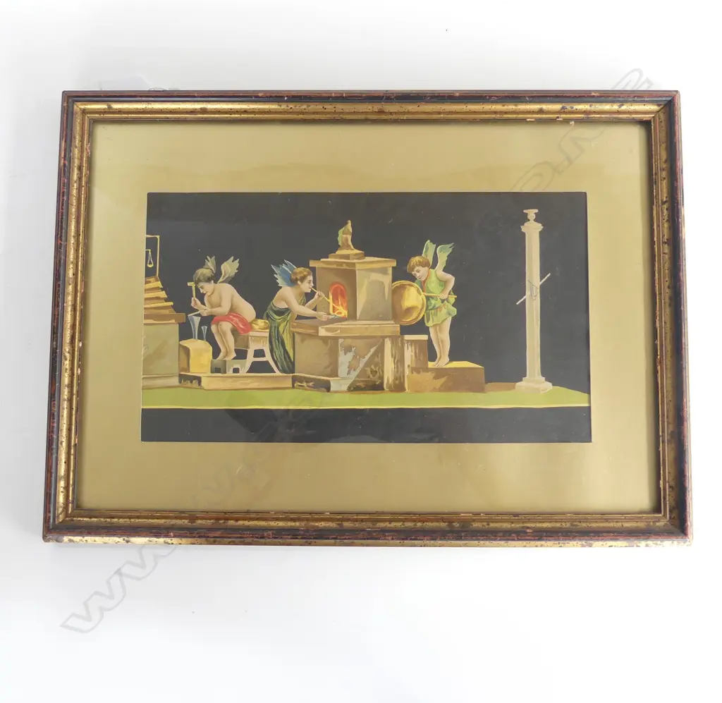 VINTAGE FRAMED PRINT OF ANGELS GLASS BLOWING 43CM X 31CM Image 1++