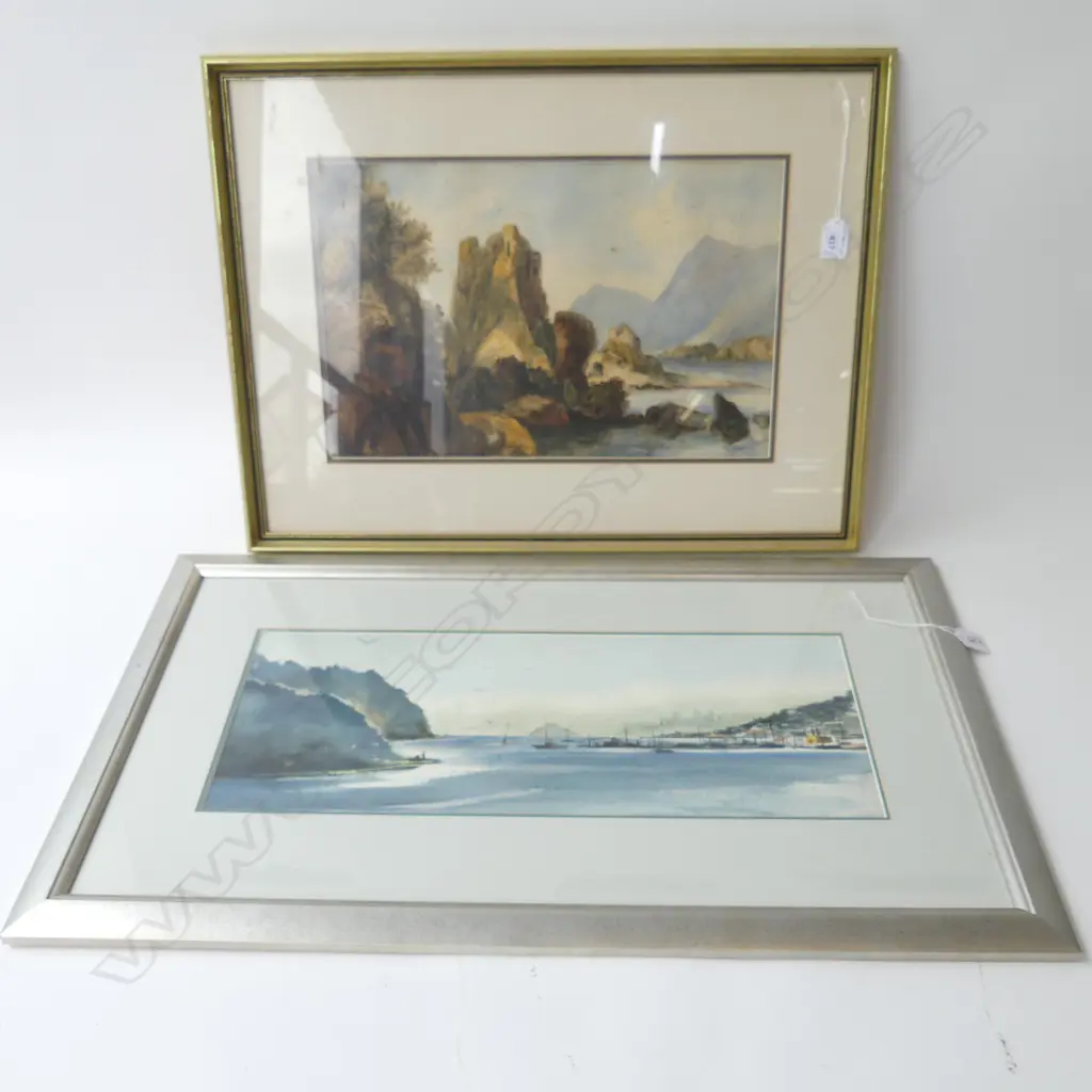 2 WATERCOLOURS, HARBOUR SCENE, UNSIGNED & ROCKY OUTCROP SIGNED 'BAXTER' Image 1++