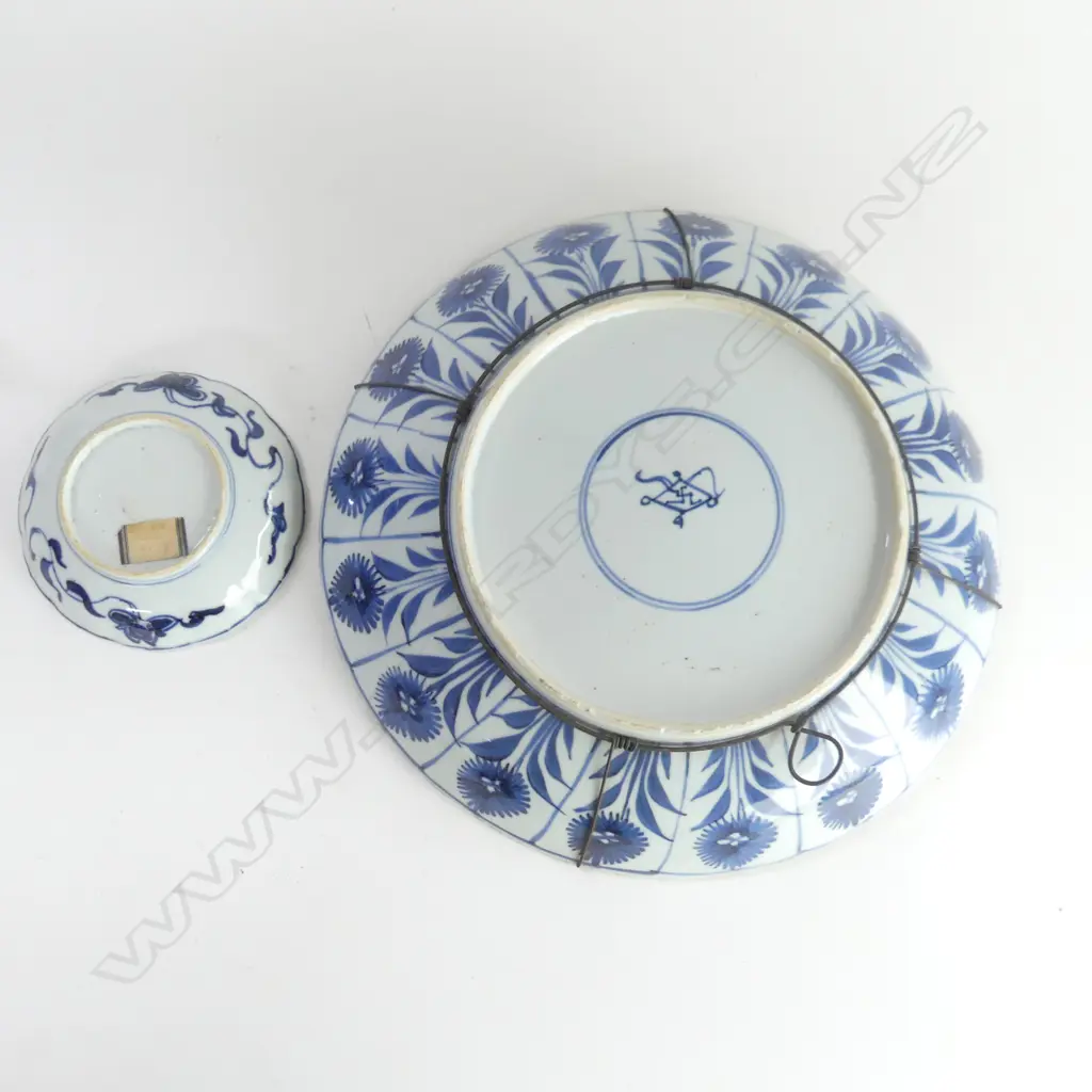 2 ANTIQUE CHINESE B/WHITE DISHES SUN FLOWER PAT DIA 280MM some small glaze fritting. small chips to foot Image 1++