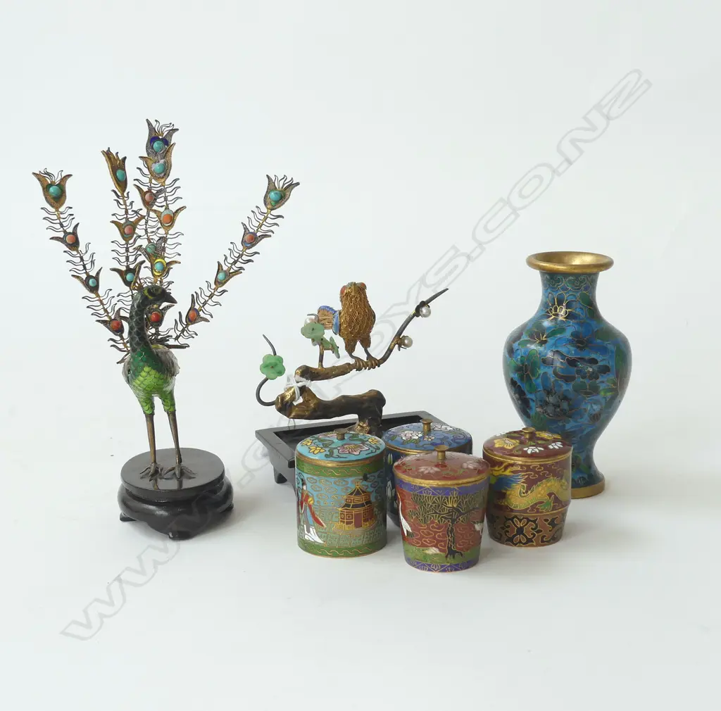 8 PCES CLOISONNE; 4 SMALL LIDDED CONTAINERS H.45mm, PR BIRDS H.180mm, 2 VASES H.130mm Image 1++