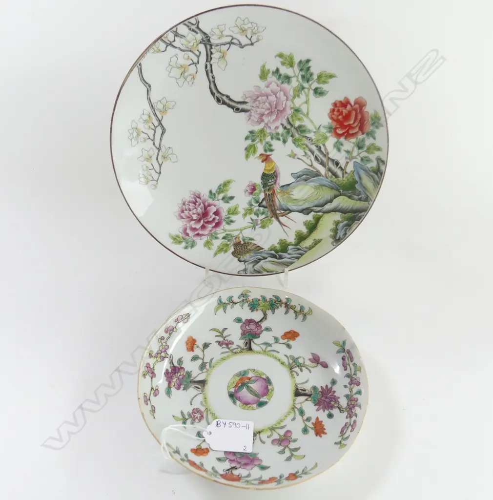 2 CHINESE PLATES ONE AF & is 19thC famille rose w repair Image 1++