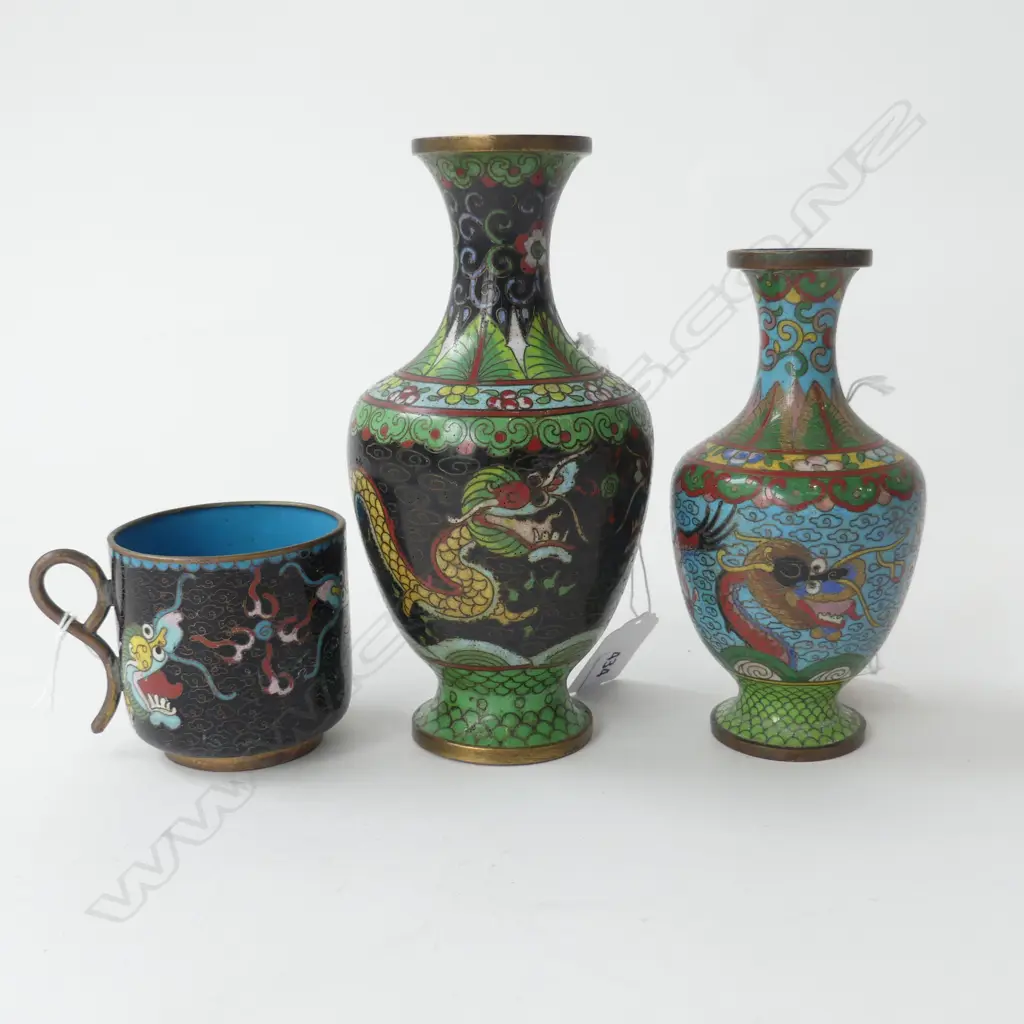 3 PCS CHINESE CLOISONE 2 VASES H165 &135MM WITH CLOISONE CUP Image 1++