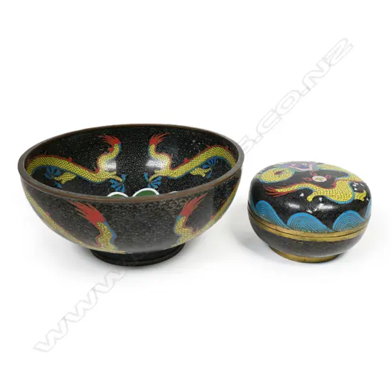 Two c1900-1920 Chinese yellow dragon cloisonné pieces,