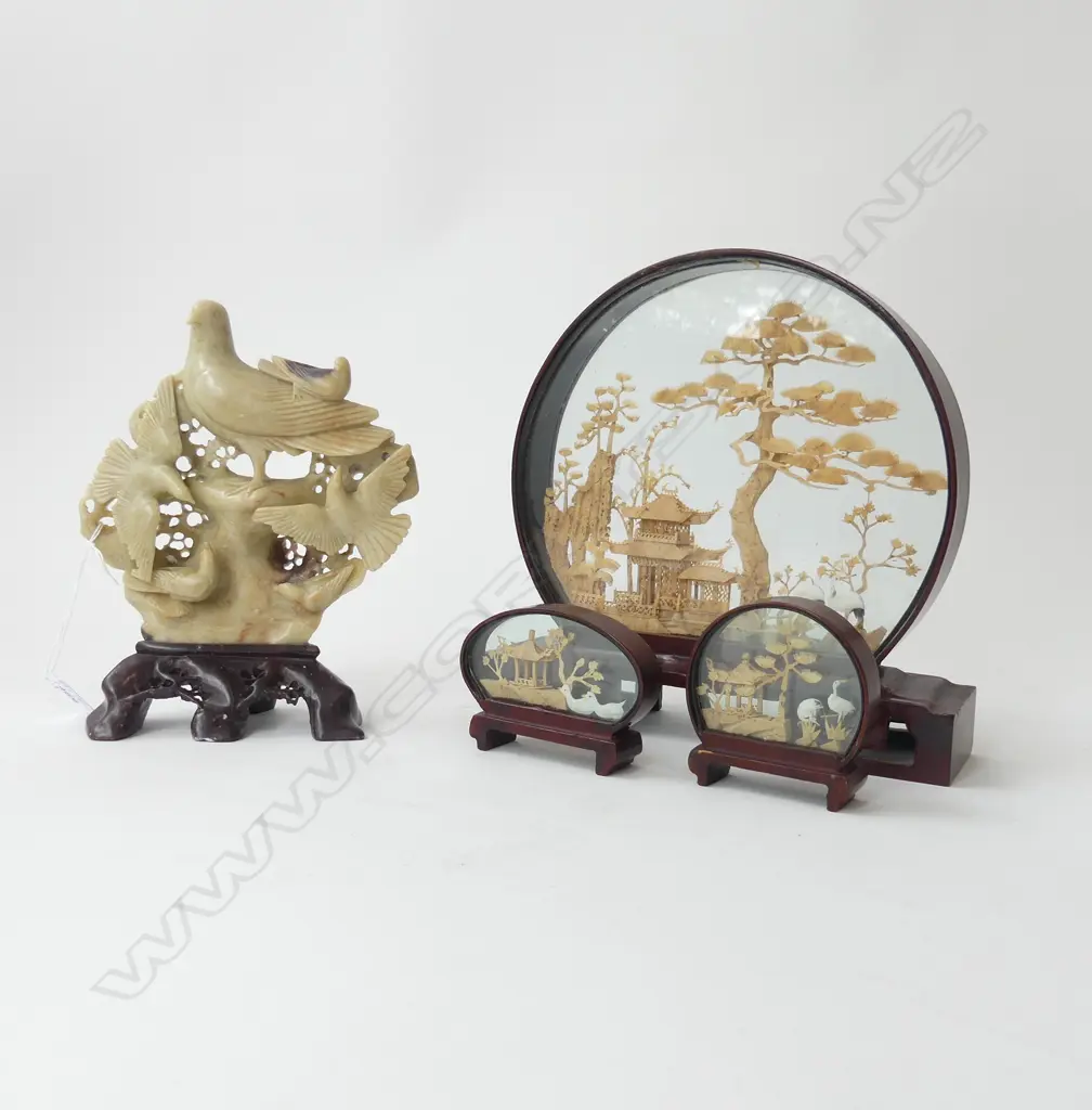 4 ORIENTAL PCES; 3 CORK LANDSCAPES H.230mm + SOAPSTONE CARVING - BIRDS H.200mm Image 1++