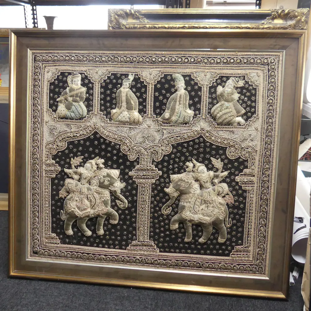 BURMESE/THAI EMBROIDERY elephants & figures sequin highlights 850 x 975. Framed  Image 1++