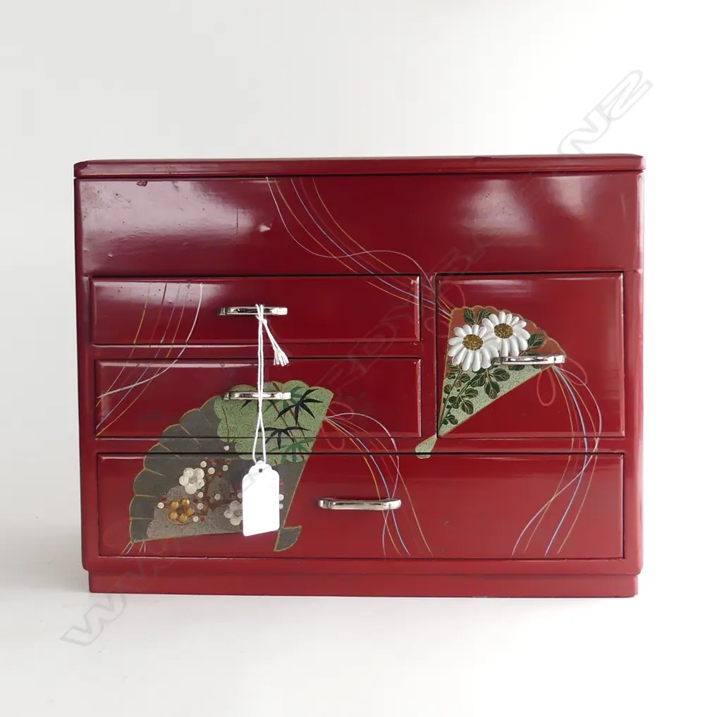 SEWING BOX RED LACQUER  FLORAL DECORATION,290 x 180 x 225mm Image 1++