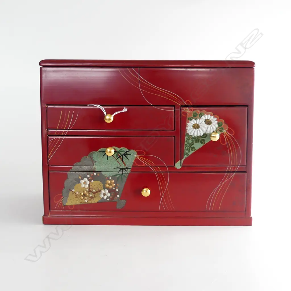 SEWING BOX RED LACQUER  FLORAL DECORATION,290 x 180 x 225mm Image 1++