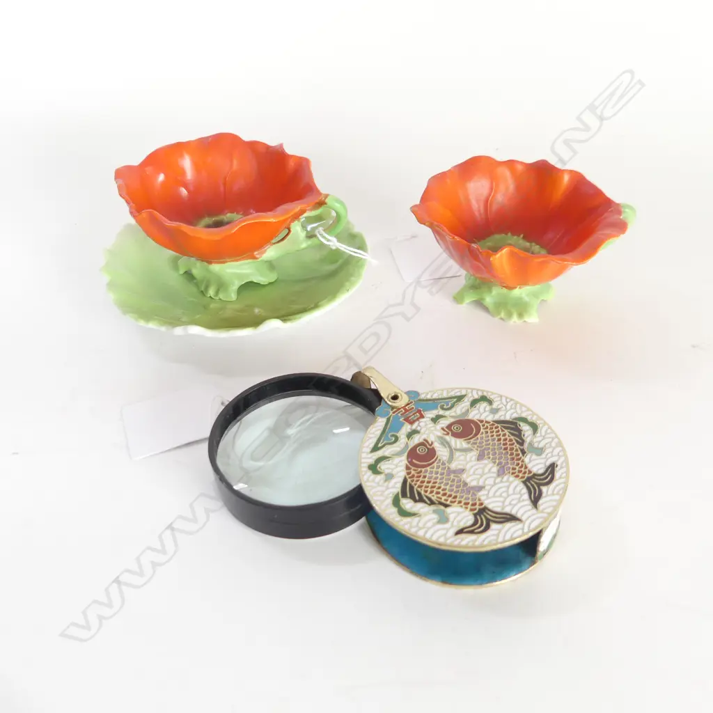 2 R/BAYREUTH POPPY CUPS; 1 SAUCER  & CLOISONNE MAGNIFYING GLASS, DIA.35MM Image 1++