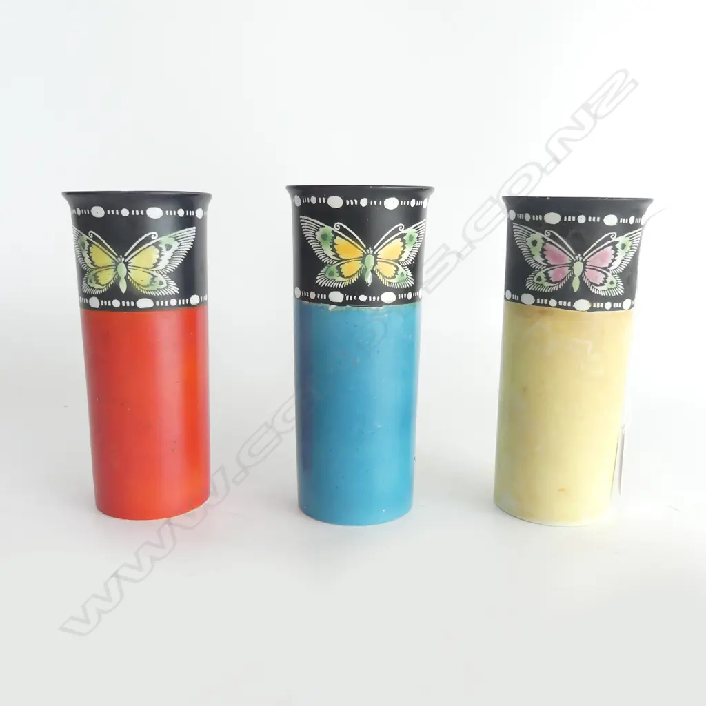 SET OF THREE  SHELLEY VASES RED YELLOW & BLUE 1921 SMALL CHIPS TO YELLOW VASE H150MM  Image 1++